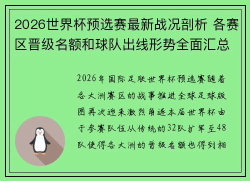 2026世界杯预选赛最新战况剖析 各赛区晋级名额和球队出线形势全面汇总
