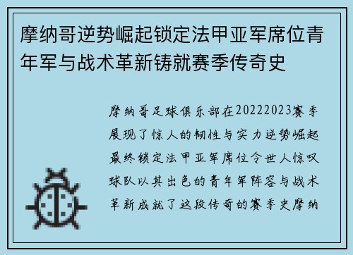 摩纳哥逆势崛起锁定法甲亚军席位青年军与战术革新铸就赛季传奇史 摩纳哥逆势崛起锁定法甲亚军席位青年军与战术革新铸就赛季传奇史