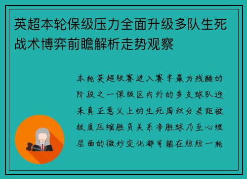 英超本轮保级压力全面升级多队生死战术博弈前瞻解析走势观察